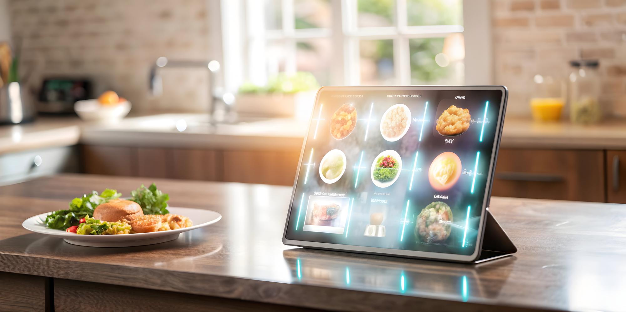 Futurystyczna kuchnia z tabletem i senior chef